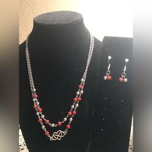 Silver and Red Beaded Necklace and Earring Set